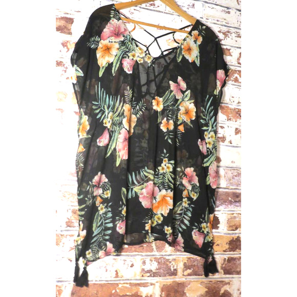 Kona Sol Tropical Print Sheer Lattice Back Tassel Hem Detail Kaftan Cover Up - Picture 3 of 9